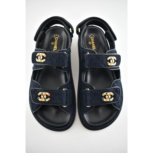 Chanel 21A Blue Velvet Denim CC Logo Mule Slide Strap Flat Teva Dad Sandal 37.5 - Picture 8 of 12
